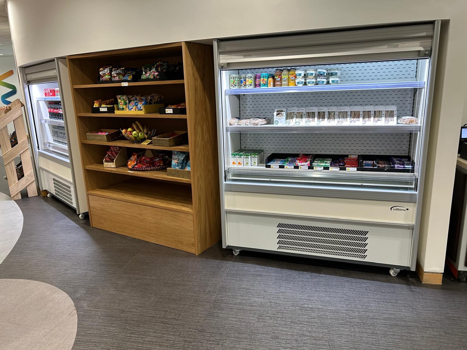 New open-front refrigerated display and timber grab-and-go shelving in a staff canteen