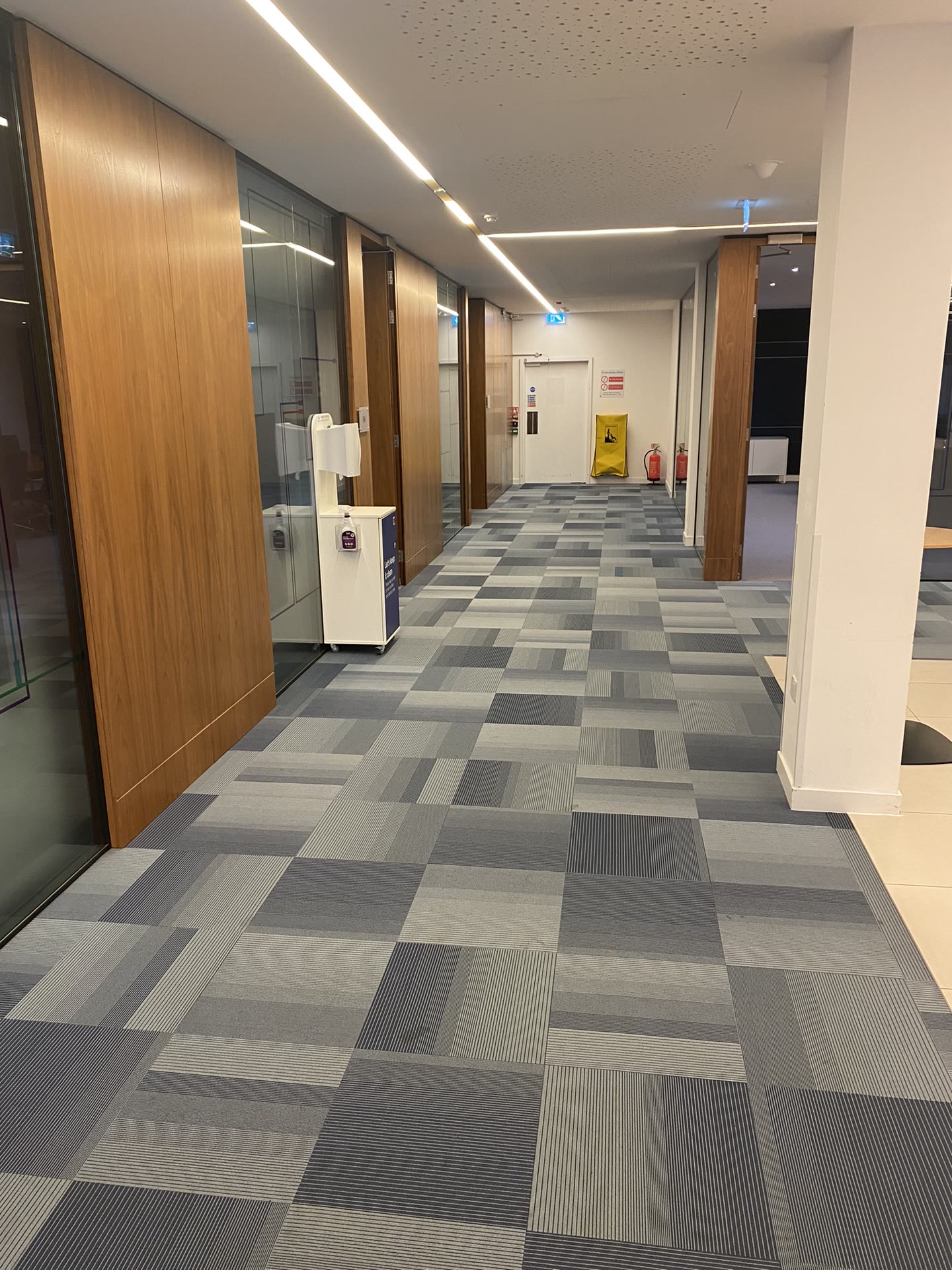 Circulation corridor before carpet tile replacement