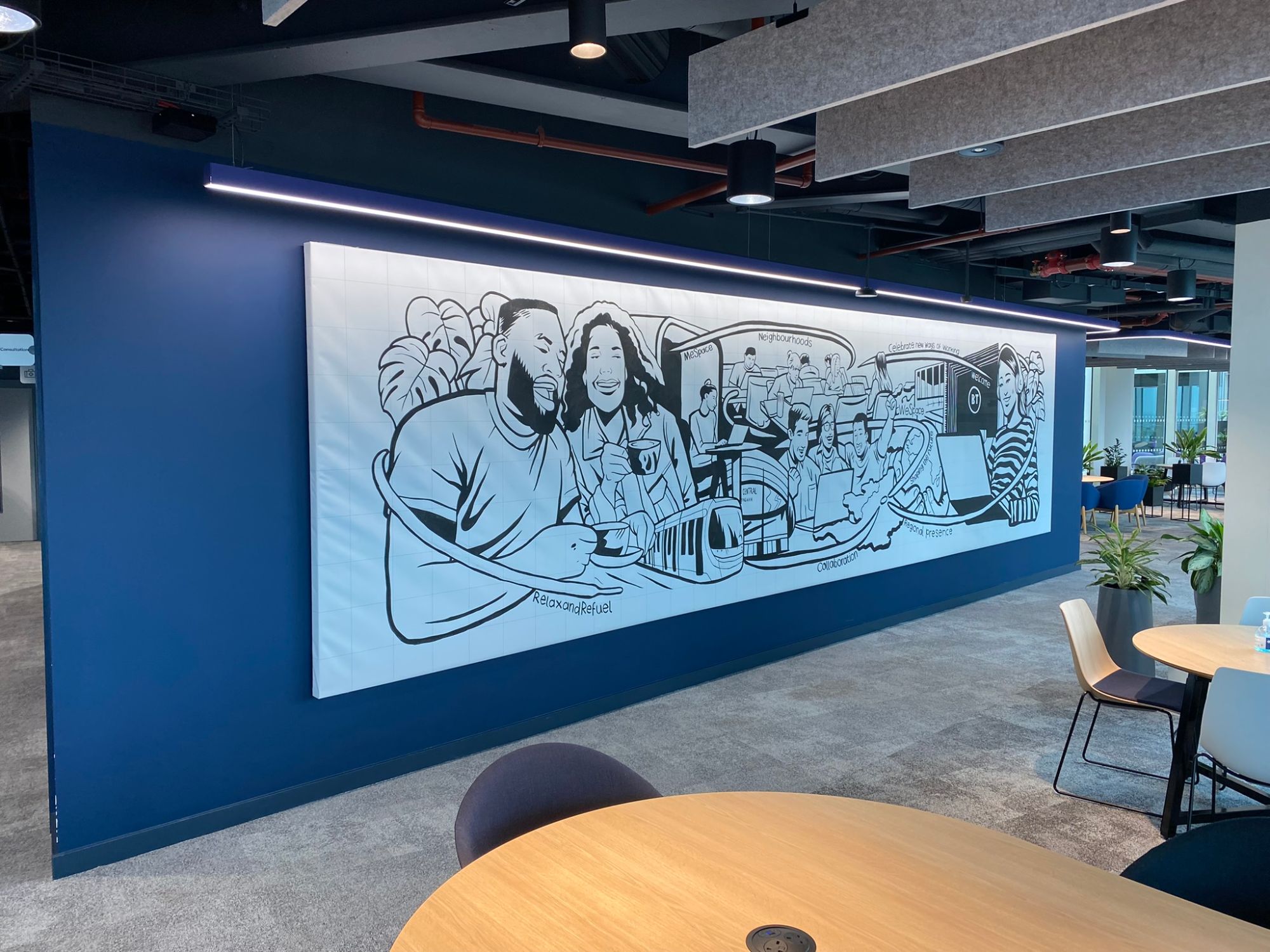 Hand-painted mural installed on a feature wall in an office breakout area