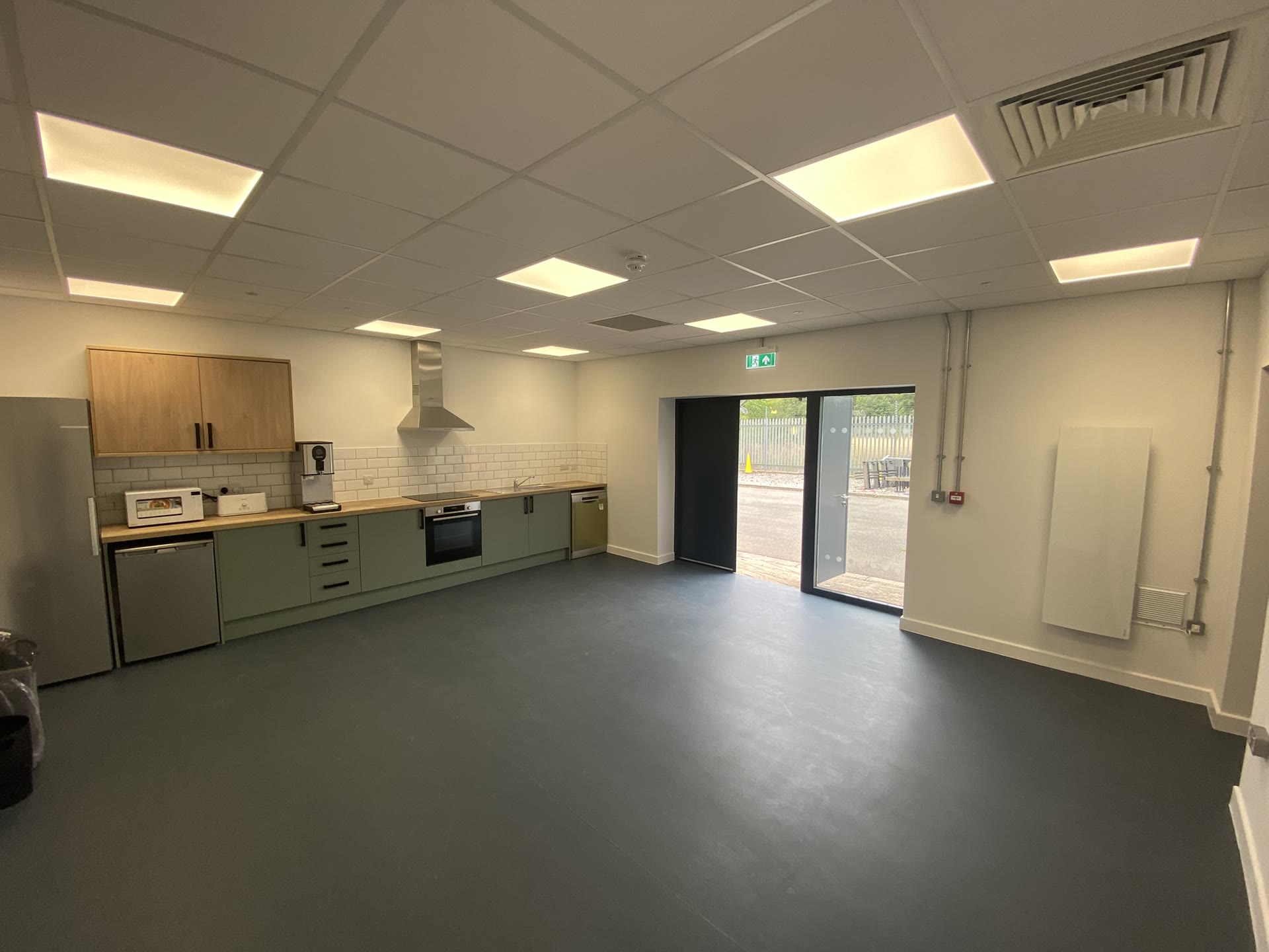 Substation room after refurbishment, fitted as a kitchen and breakout space